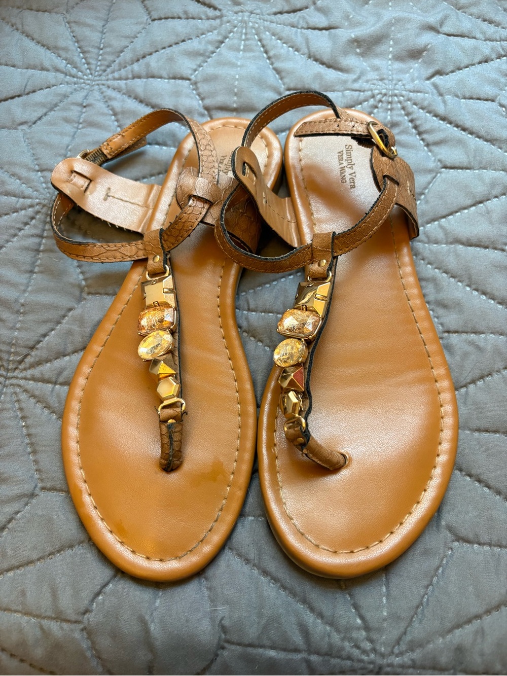 Simply Vera Vera Wang Brown Tan Jeweled T-Strap Sandals